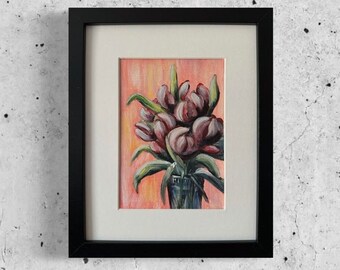 Oprawiony obraz akrylowy „Tulipan”, martwa natura z kwiatami (9 x 11 cali)
