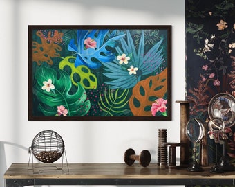Tropical Hand Painted Jungle Painting Floral Plumeria Hibiscus Plant Tropical Painting Vacation Property Decor Tropical Paradise Palm Leaves