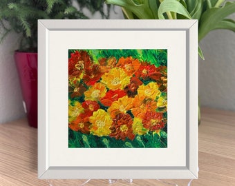 Marigold Small Oil Painting Mini Floral Art Mini Canvas Oil Painting Impasto Abstract Orange Flowers Bouquet Tagetes Chernobrivtsy