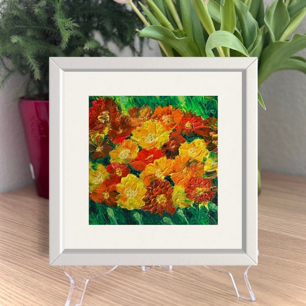 Marigold Small Oil Painting Mini Floral Art Mini Canvas Oil Painting Impasto Abstract Orange Flowers Bouquet Tagetes Chernobrivtsy