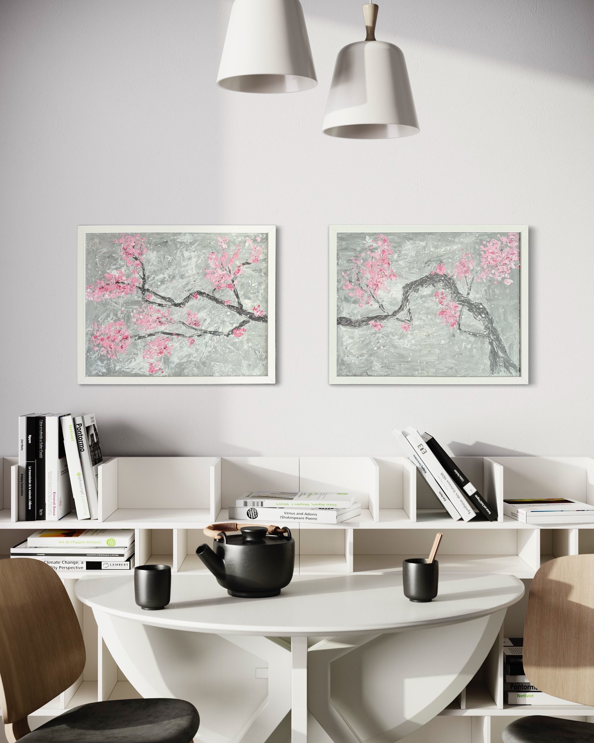 Hand Painted Cherry Blossoms Set 2 Acrylic Painting Diptych Japanese Sakura Branch Bedroom Decor Canvas Over Bed Wall Art Sakura Blossom
