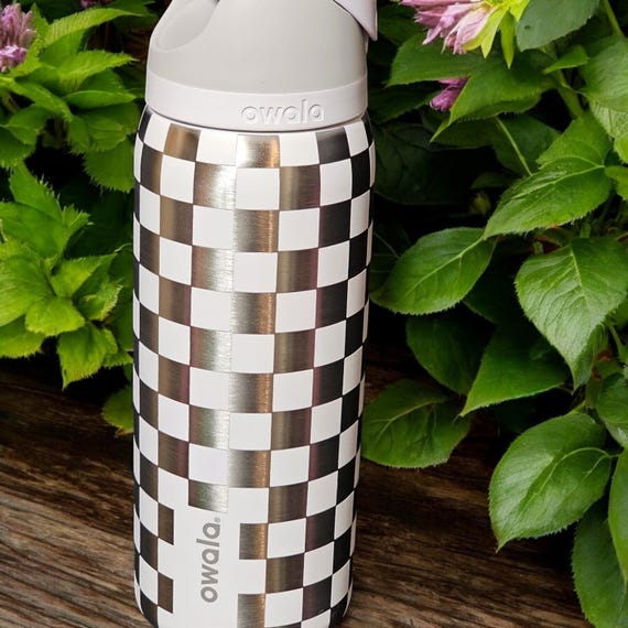 Engraved Checkered Owala Bottle: Personalized Silver Square Design