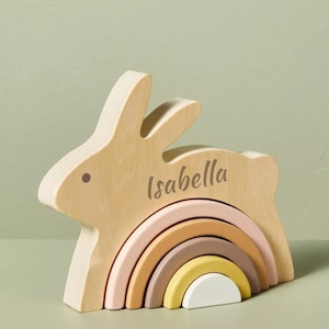 Personalized Wood Rabbit Stackable Toy, Bunny Block Stacker,  Easter Bunny Gift, Playroom Decor