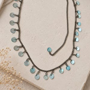 Blue Shell Disc Necklace, Silver-Tone Chain, Coastal Boho Style