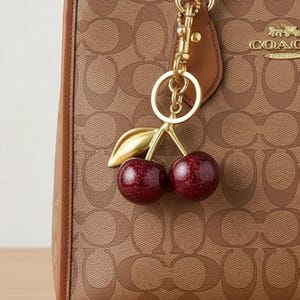 Handmade Resin Cherry Bag Charm, Gold Hardware Keychain Accessory (Gift Pouch Included)