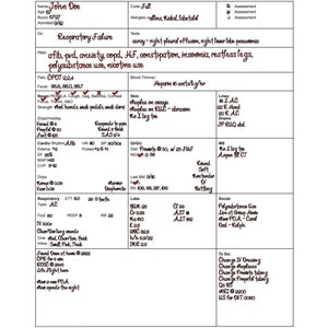 Op de afbeelding: Een medisch formulier met de naam John Doe bovenaan. Het formulier vermeldt verschillende medische informatie, waaronder allergieën, tests en beoordelingen. Het formulier bevat ook een sectie voor sociale informatie, zoals de woonsituatie van de patiënt en familieleden.