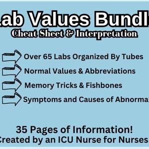 May include: A blue and white cheat sheet with the title "Lab Values Bundle: Cheat Sheet & Interpretation". The cheat sheet lists four key topics: Over 65 Labs Organised By Tubes, Normal Values & Abbreviations, Memory Tricks & Fishbones, and Symptoms and Causes of Abnormalities. The bottom of the cheat sheet states "35 Pages of Information! Created by an ICU Nurse for Nurses!"
