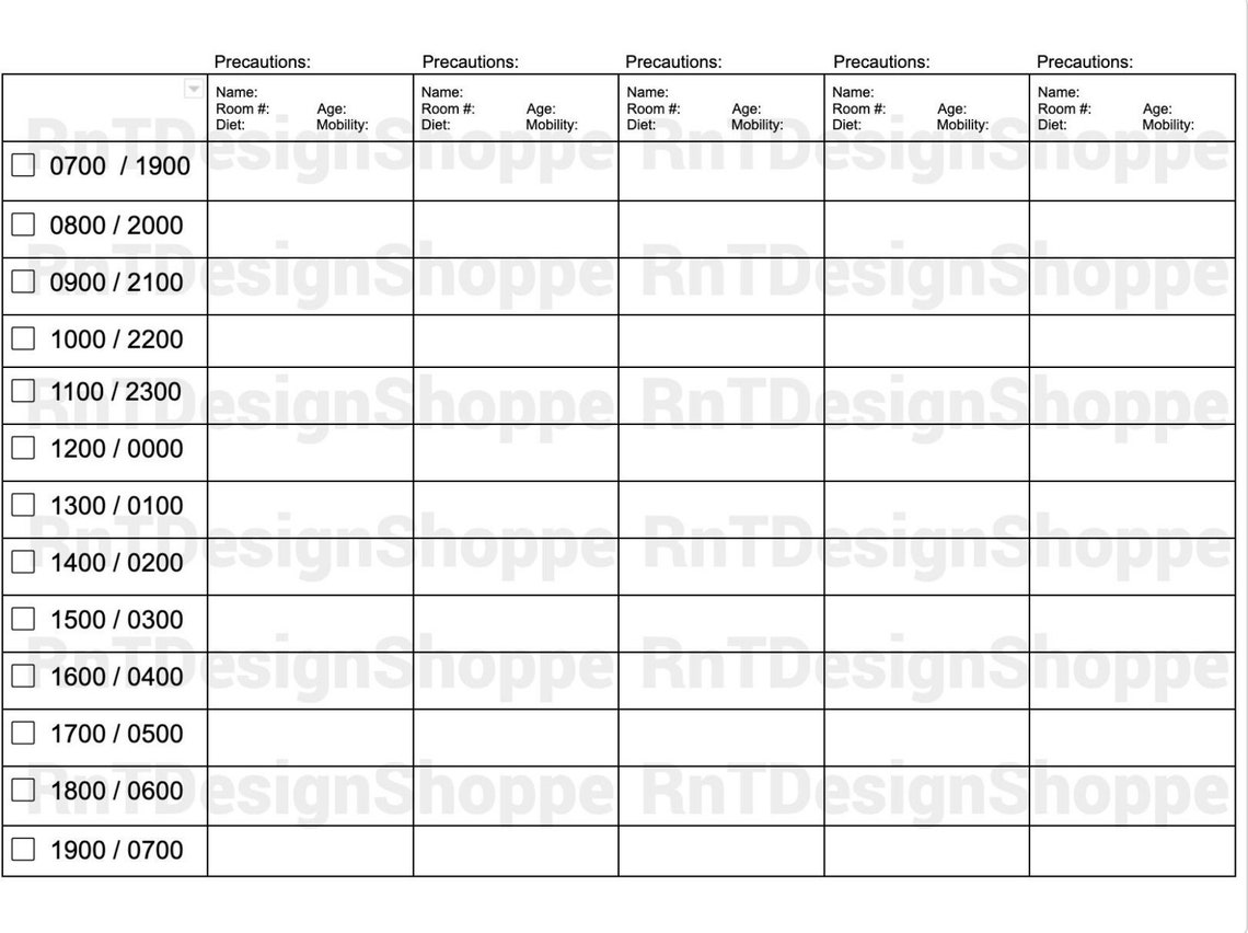 Nursing Hourly to Do, Nurse Shift Planner, 5 Patients, Med Surge Nurse