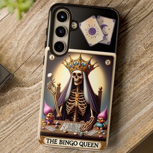 La caja del teléfono del tarot divertido de la reina del bingo, caja del teléfono de la tarjeta del tarot, regalo de la tarjeta del tarot, lectura del tarot, casos divertidos del iPhone, caja del teléfono del esqueleto