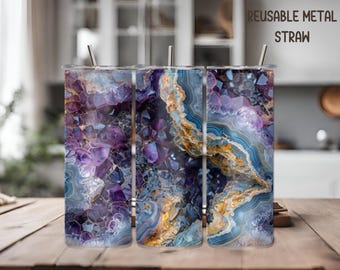 Purple Amethyst Geode Design Tumbler,  Geode Tumbler with Straw, Gift for CoWorker, Insulated Tumbler with Lid and Straw, Geode Design,