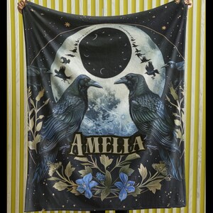 Personalized Crow and Moon Blanket, Raven Blanket, Raven and Moon, Gothic Raven Art, Gift for Goth, Crow Blanket Throw, Gothic Throw Blanket