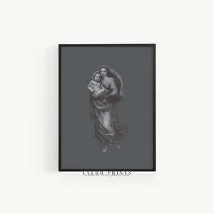 May include: A black and white print of a painting depicting a woman holding a child. The woman is wearing a long robe and the child is wearing a simple garment. The background is a solid grey colour.