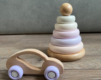 Wooden Toy Set Stacking Rings Sensory Wooden Baby Car Toy Baby Girl Gift Wooden Montessori Toys Toy for Toddlers 1st Baby Birthday Gift