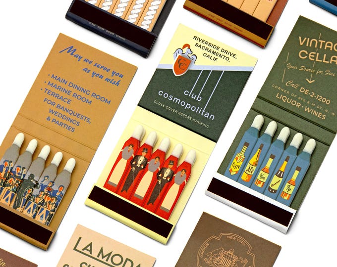 Retro Matchbooks Set: Vintage-Style Designs, Printed Match Sticks - Set of 10