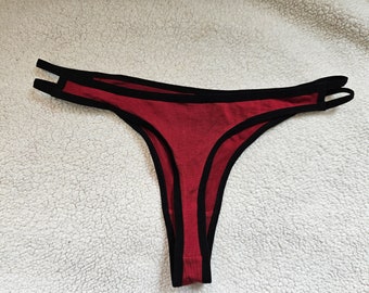 Burgundy Dark Red cut-out thong with black contrast binding