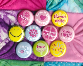 Retro Hippie Flower Child Pack - Set of (10) Pinback Buttons or Magnets - FREE SHIPPING!