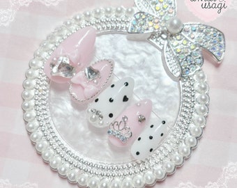 princess ribbon polka dot presson nails - japanese gel, douyin ryousangata jirai kei style