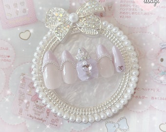 sweet ribbon lavender cream presson nails - japanese gel, douyin ryousangata jirai kei style