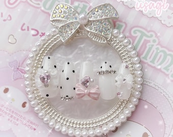 elegant polka dot ribbon ryousangata presson nails - japanese gel, douyin jirai kei style