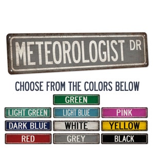 May include: A metal sign with the text "METEOROLOGIST DR" in white letters on a gray background. The sign is distressed and has a rusty appearance. Below the sign are ten color swatches labeled with the color names: green, light green, light blue, pink, dark blue, white, yellow, red, grey, and black.
