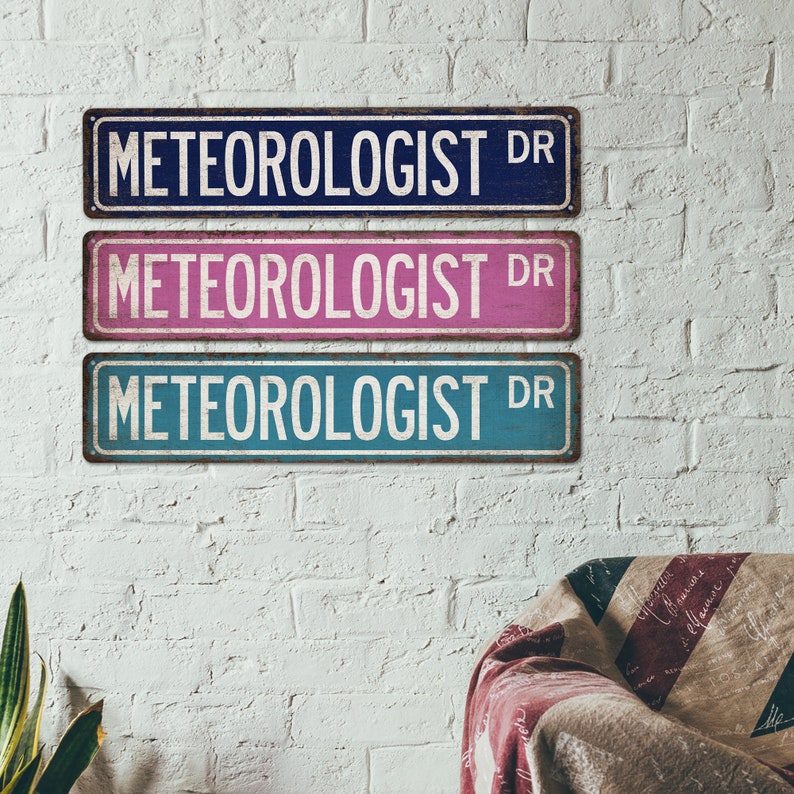 May include: Three vintage-style metal signs with the text "METEOROLOGIST DR" in white lettering. The signs are stacked vertically, with the top sign in blue, the middle sign in pink, and the bottom sign in teal.