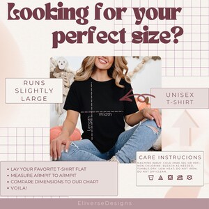 K&ouml;nnte beinhalten: Ein schwarzes Unisex-T-Shirt mit Anweisungen, wie man die perfekte Gr&ouml;&szlig;e misst. Der Text lautet "Looking for your perfect size?" und "Runs slightly large". Die Pflegehinweise beinhalten Maschinenw&auml;sche kalt, nicht chlorbleichen, Trocknergeeignet bei niedriger Temperatur, nicht b&uuml;geln und nicht chemisch reinigen.