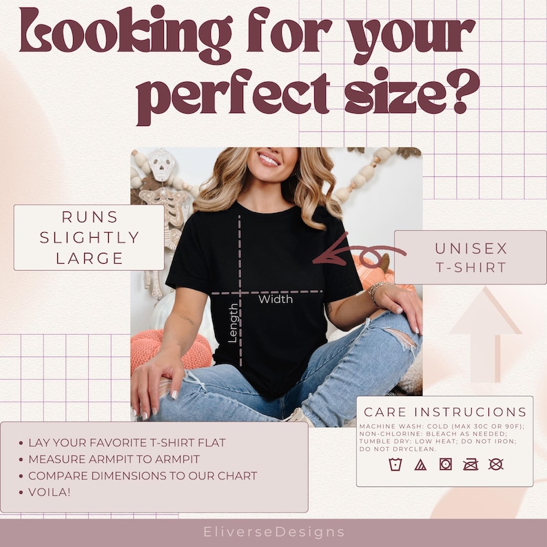 K&ouml;nnte beinhalten: Ein schwarzes Unisex-T-Shirt mit Anweisungen, wie man die perfekte Gr&ouml;&szlig;e misst. Der Text lautet "Looking for your perfect size?" und "Runs slightly large". Die Pflegehinweise beinhalten Maschinenw&auml;sche kalt, nicht chlorbleichen, Trocknergeeignet bei niedriger Temperatur, nicht b&uuml;geln und nicht chemisch reinigen.
