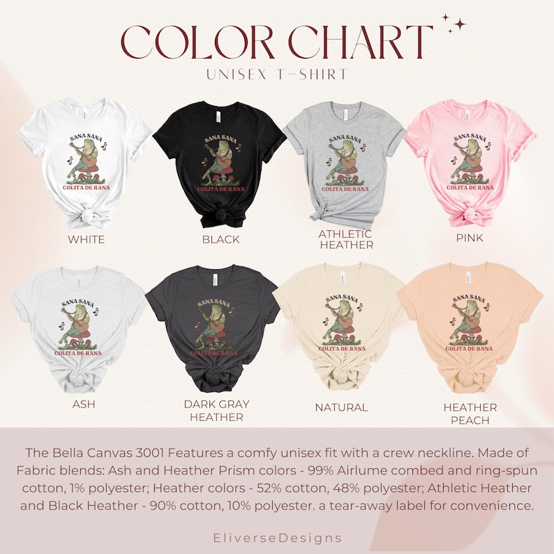 K&ouml;nnte beinhalten: Farbkarte f&uuml;r ein Unisex-T-Shirt mit verschiedenen Farboptionen. Das Shirt zeigt eine Gitarre spielende Frosch mit dem Text "Sana Sana Colita de Rana". Die Farben umfassen Wei&szlig;, Schwarz, Athletik-Heather, Pink, Asche, Dunkelgrau-Heather, Natur und Heather-Peach.