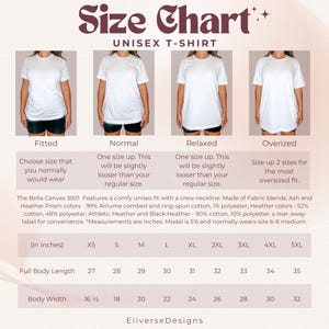 K&ouml;nnte beinhalten: Gr&ouml;&szlig;entabelle f&uuml;r Unisex-T-Shirts mit Ma&szlig;en in Zoll f&uuml;r die Gesamtl&auml;nge und die K&ouml;rperbreite. Die Tabelle zeigt vier verschiedene Passformen: figurbetont, normal, locker und &uuml;bergr&ouml;&szlig;en. Die Tabelle enth&auml;lt auch Informationen &uuml;ber die verwendeten Stoffmischungen f&uuml;r die Shirts.