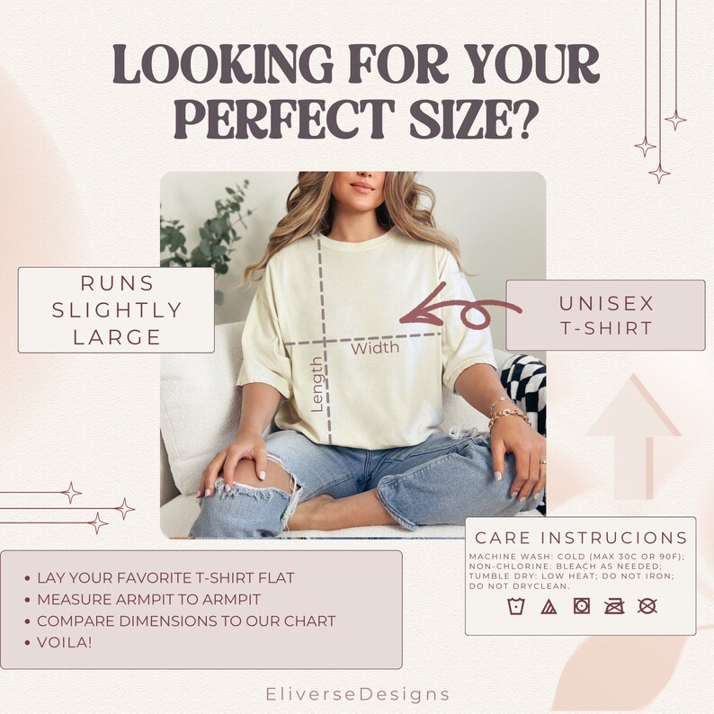 Pode incluir: Uma tabela de tamanhos para uma camiseta unissex. A tabela mostra o comprimento e a largura da camiseta. O texto na tabela diz "Runs slightly large". O texto na tabela tamb&eacute;m diz "Unisex T-Shirt". O texto na tabela tamb&eacute;m diz "Instru&ccedil;&otilde;es de cuidado: Lavar na m&aacute;quina: em &aacute;gua fria (m&aacute;x. 30 &deg;C ou 90 &deg;F); sem cloro: branquear se necess&aacute;rio; secar na m&aacute;quina: em temperatura baixa, n&atilde;o passar a ferro; n&atilde;o limpar a seco."