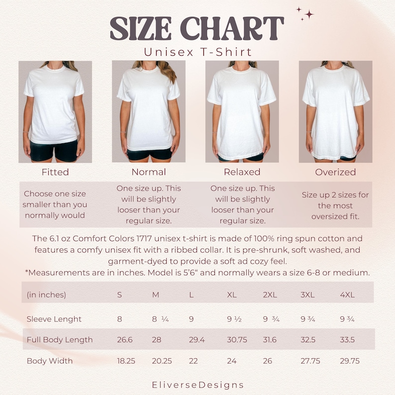 Pode incluir: Tabela de tamanhos para uma camiseta unissex com diferentes op&ccedil;&otilde;es de caimento: justa, normal, relaxada e oversized. A tabela mostra as medidas em polegadas para o comprimento da manga, o comprimento total do corpo e a largura do corpo para os tamanhos S, M, L, XL, 2XL, 3XL e 4XL. O texto indica que a camiseta &eacute; feita de 100% algod&atilde;o ring spun, pr&eacute;-encolhida, lavada suavemente e tingida em pe&ccedil;a.