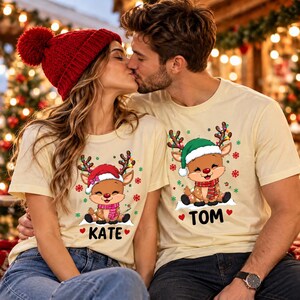 Christmas T-shirt, Personalized Reindeer Design, Couples Holiday Tee - Colorful Candy Cane Theme (100% Cotton, DTF Print)