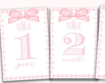 Monogrammed Milestone Monthly Cards | Pink Gingham and Watercolor Bow | Classic and Timeless Milestone Cards | Baby Girl Gift