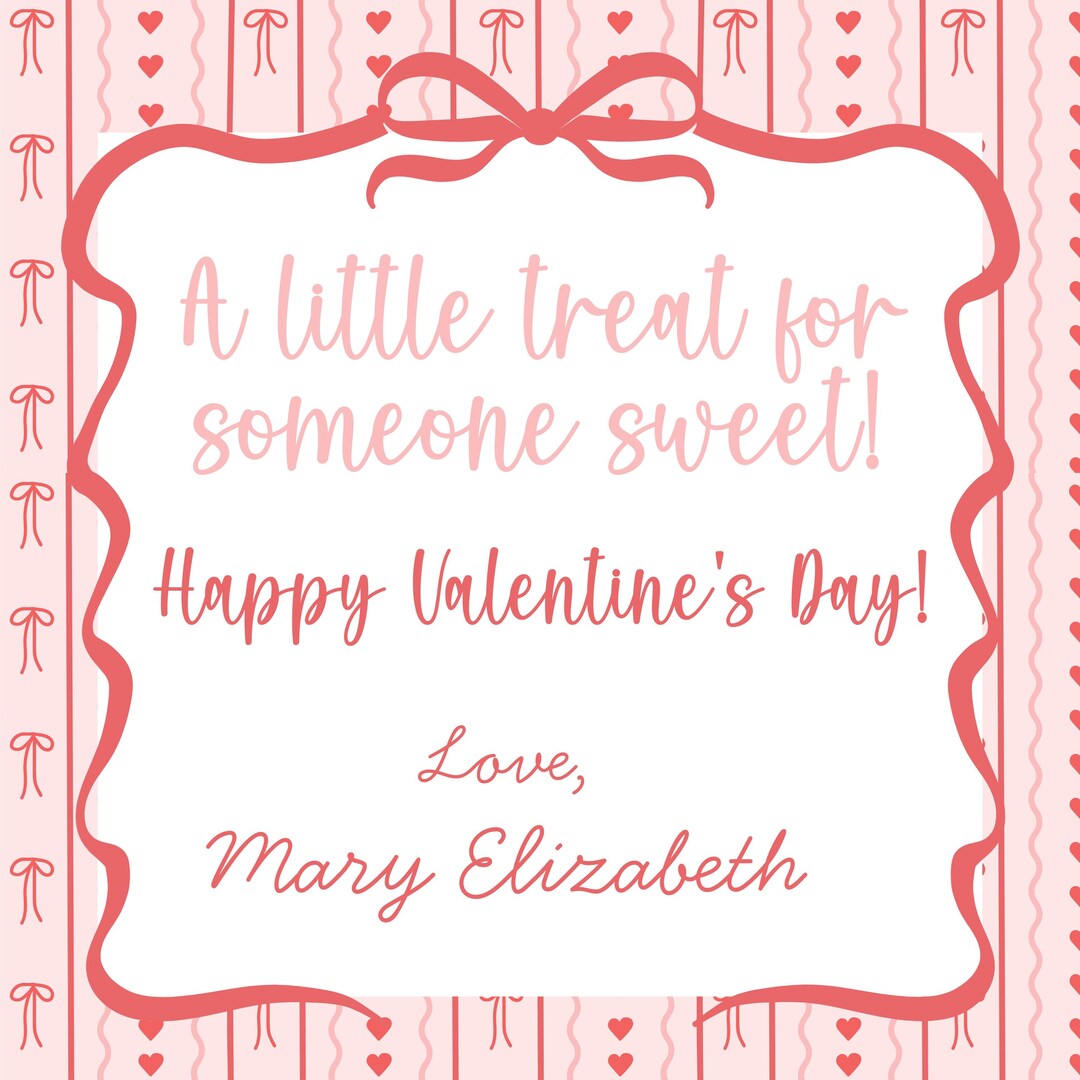 Editable Classroom Valentine Gift Tag | Pink Bow Design (4x4 Canva ...