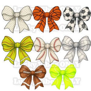 May include: A collection of nine decorative bows, each designed to resemble different sports balls. The bows include designs for basketball, soccer, baseball, softball, volleyball, football, and tennis. The bows are in various colors, including orange, white, green, and brown.