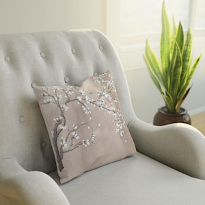 White cherry cushion, indoor cushion, peace and elegance for your home, decorative cushion with oriental art and painting, gift for the home