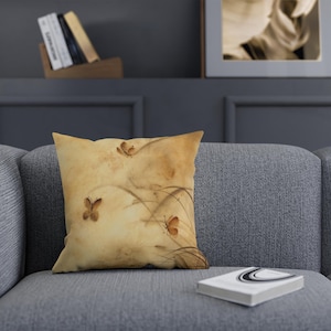 Yellow butterfly cushion, decorative cushion with oriental art and painting, interior cushion, harmony and beauty of the home, special gift.