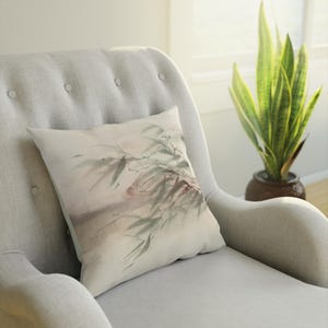 Beige and green bamboo cushion, indoor cushion, peace and elegance for your home, cushion with oriental art and painting, gift and home decoration