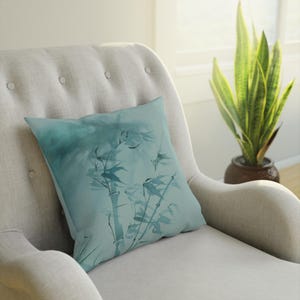 Turquoise bamboo cushion, indoor cushion, peace and elegance for your home, decorative cushion with oriental art and painting, gift for the home.