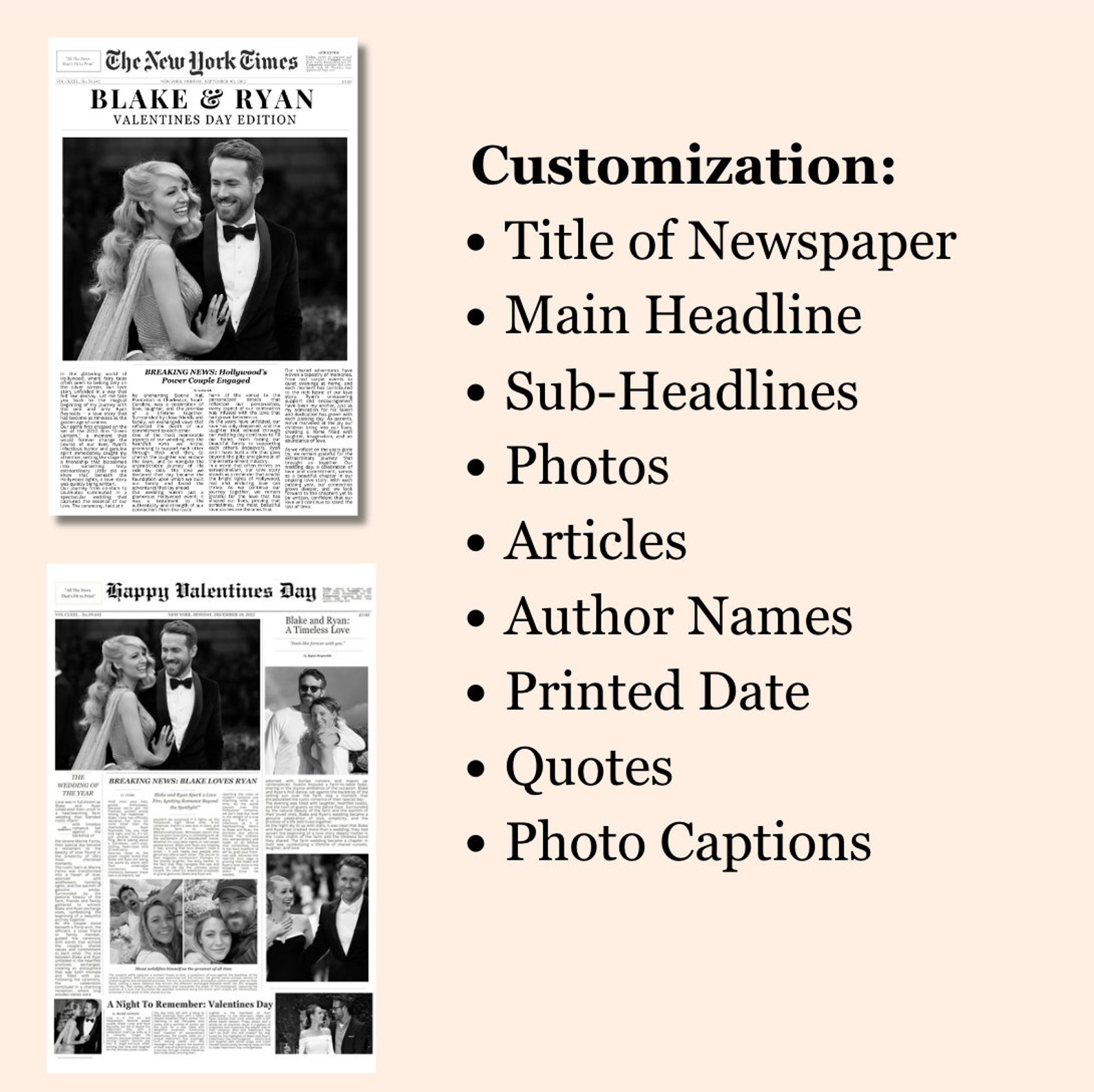 Custom Newspaper Headline Romantic Gift Valentine's Day Wedding