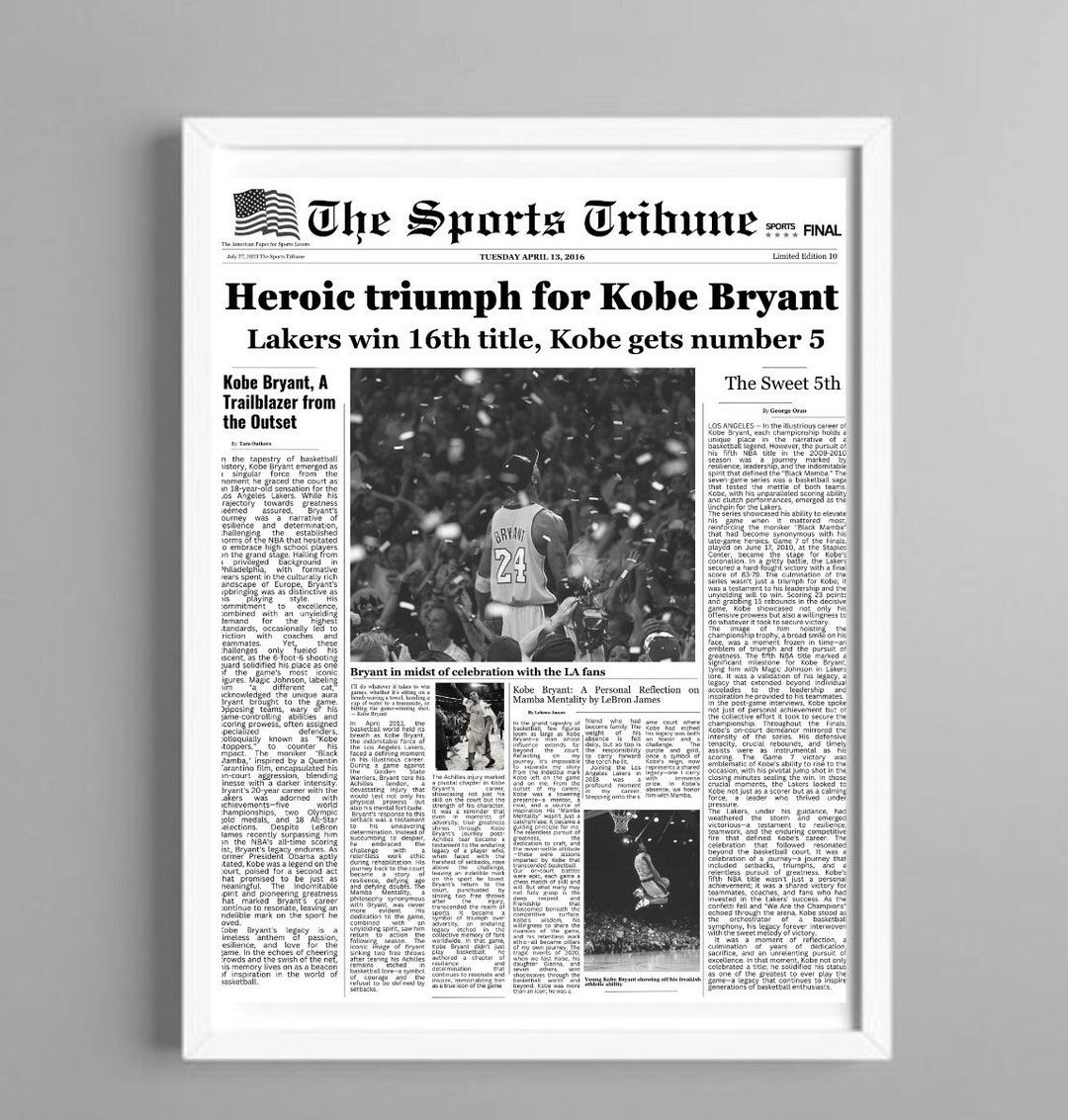 Kobe Bryant Newspaper Poster, NBA Poster, Sports Poster, Basketball