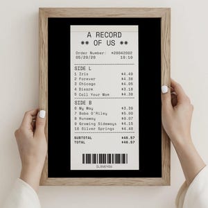 May include: A black and white receipt with the title "A Record of Us" and a list of song titles and prices. The receipt has an order number, date, and time. The total is $46.57. The bottom of the receipt says "ILOVEYOU".