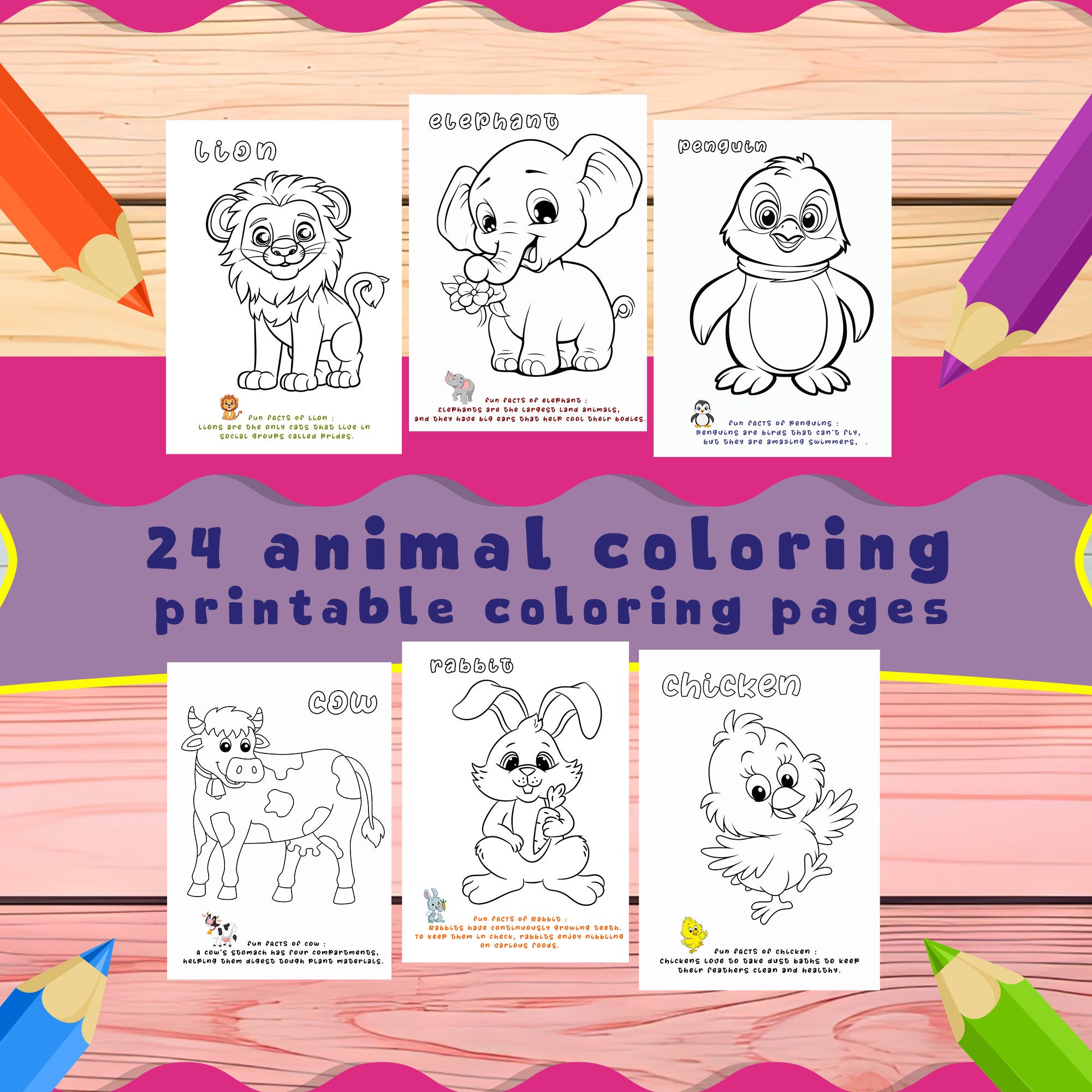 24 Printable Animal Coloring Pages for Kids, Kids Coloring Book