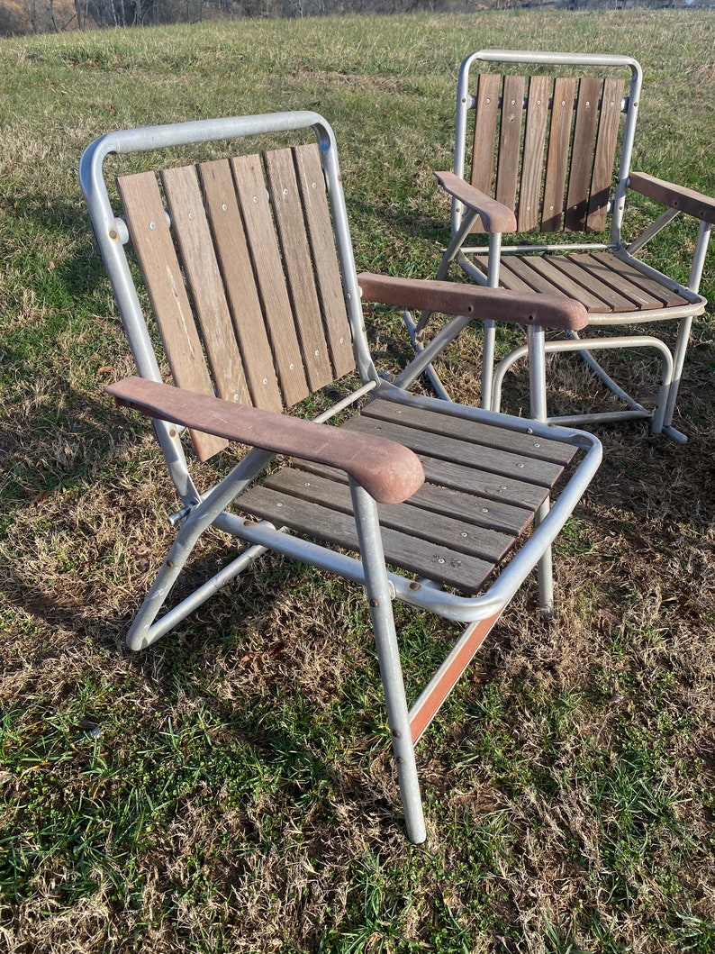 Vintage Aluminum and Redwood Lawn Chair Set of 4 Antique Lounge Chair