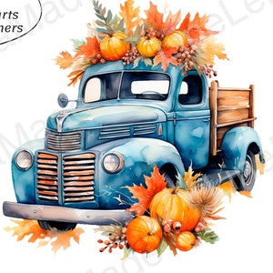 Vecchio camion agricolo blu retrò vintage con zucche da stampare, camion di zucche autunnali in formato PNG, clipart di zucche raccolte, clipart di camioncino