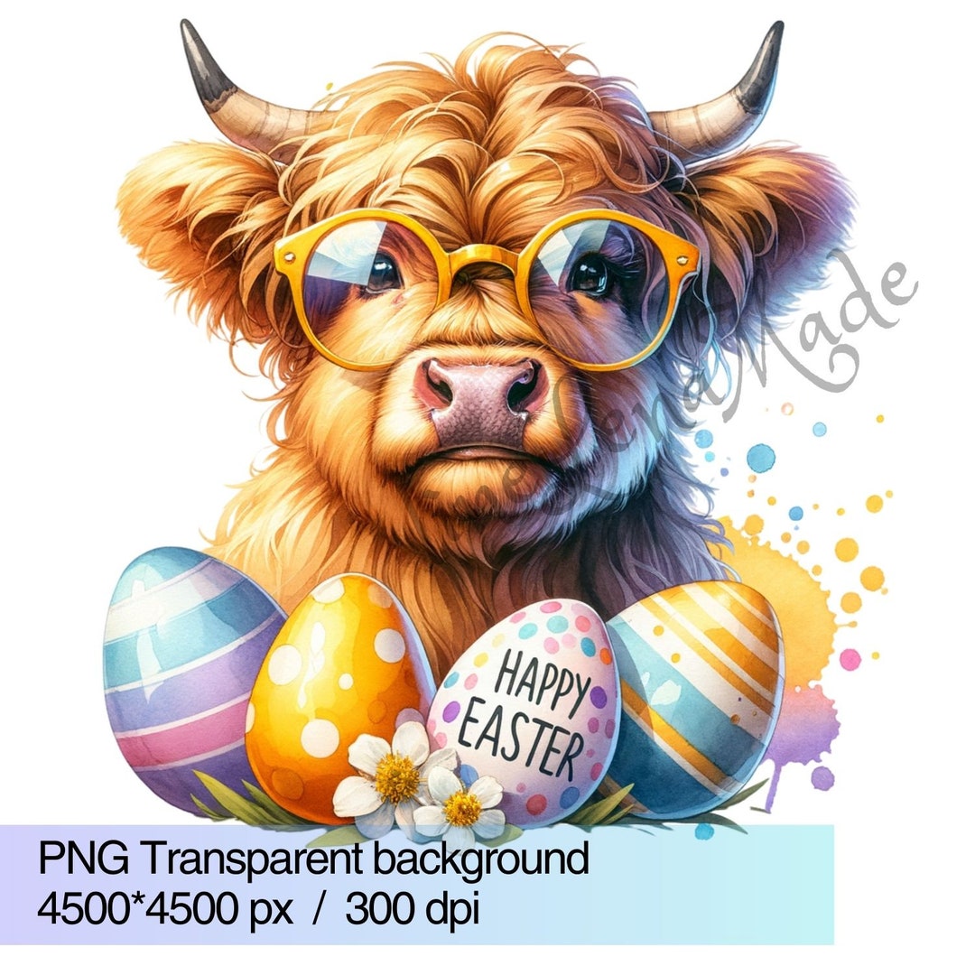 Easter Clipart PNG, Highland Cow Wearing Stylish Glasses and Holding ...