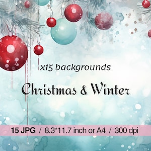 15 Sfondi Natalizi Acquerello, Sfondi Texture per Natale e Inverno, Junk Journal e Sfondi Natalizi per Scrapbooking