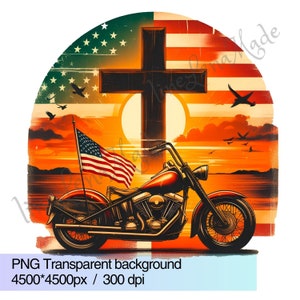 May include: A vintage-style illustration of a motorcycle with an American flag, a wooden cross, and a sunset background. The motorcycle is red and black, and the flag is waving in the wind.