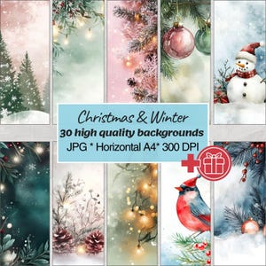 Watercolor Christmas Backgrounds, Christmas and Winter, Junk Journal & Scrapbooking, 30 High-Quality Digital Images, Winter Digital Paper