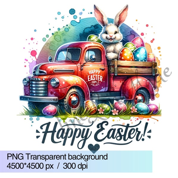 Happy Easter, Easter truck with bunny PNG, Easter clipart, Easter truck with eggs, Easter lettering, Transparent background, T-shirt design